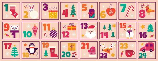 Christmas advent calendar countdown printable numbered poster with xmas elements and symbols, vector flat illustration