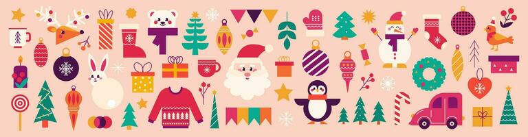 Navidad y nuevo año colocar. Papa Noel, regalos, Navidad árbol, ciervo y festivo elementos. vector tendencia ilustración