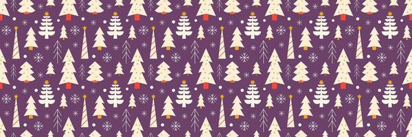 Christmas trees with snowflakes, vector seamless festive pattern