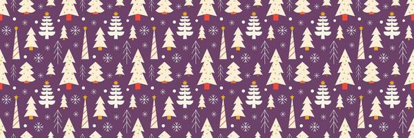 Christmas trees with snowflakes, vector seamless festive pattern