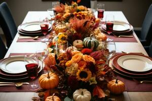 otoño mesa ajuste para celebracion acción de gracias o amistad día, familia fiesta. ai generado foto