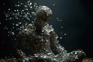 The man made of disintegrating tessellated cubes. Concept of disintegration of mind. Generative AI photo