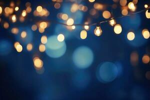 Christmas garland bokeh lights over blue background. Minimalist holiday illumination. AI generated photo