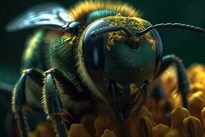 The bee with the pollen on its head and legs. A striking macro shot. Generative AI photo