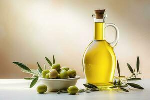 Bottle of fresh extra virgin olive oil and green olives with leaves. Generative AI photo