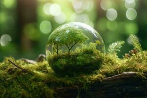 Crystal ball with plants on moss in forest environmental. Earth day concept. Generative AI photo