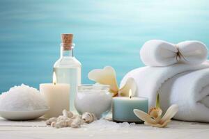 Beauty treatment items for spa procedures. Massage stones, essential oil and sea salt. Generative AI photo