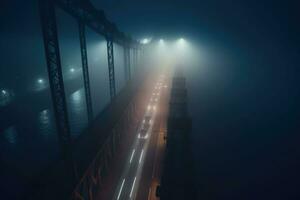 The foggy bridge with a street light on the side. The night bridge covered in the fog. Generative AI photo