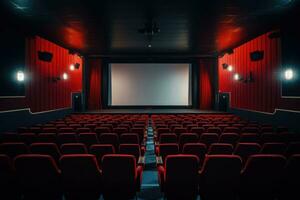 Empty modern movie theatre interior with screen and seats. Generative AI photo