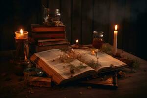 Old magic book in ancient room. Fantasy, nature or learning concept. Generative AI photo