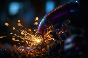 A macro close up of a gas arc welder with sparks of light flying in the air. Generative AI photo