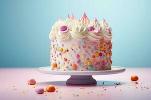 Colorful vanilla birthday cake with sprinkles over a pastel background. Generative AI photo
