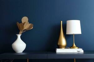 Minimalistic design scandinavian interior with blue wall. A golden lamp, accessories. Generative AI photo
