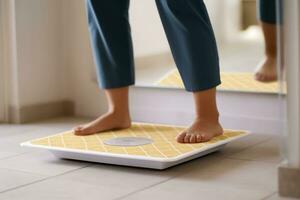 Barefoot woman standing on digital weight and body fat scales on bathroom floor. Generative AI photo