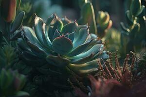 Green succulent plant with water drops. A striking macro shot. Generative AI photo