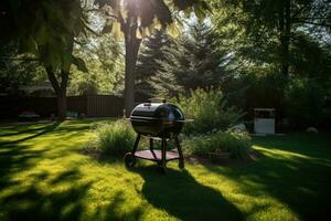 Outdoor dining table and barbeque grill in the back yard of a house. Generative AI photo