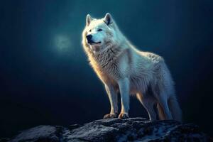 A white wolf stands on a snowy mountain top. Animal portrait. Generative AI photo