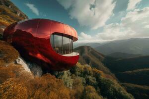 futurista viga voladiza circular arco conformado casa en el montañas. acero fluido geometría generativo ai foto