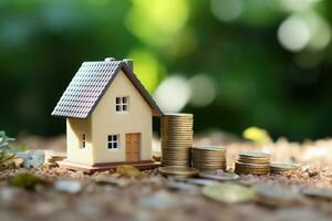 Miniature house with a stack of coins. Financial investment involved in buying a property. Generative AI photo