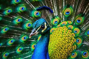 Peacock with open tail. Close up shot of a peacocks colorful plumage. Generative AI photo