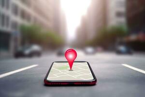 Point on smartphone with GPS navigator icon and map on blured background. Generative AI photo