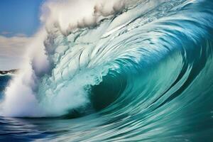 Beautiful deep blue tube wave in the ocean. Ocean wave sunrise from inside a beach wave. Generative AI photo