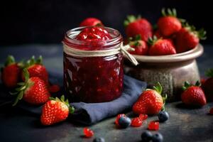 Jar of strawberry jam and fresh berries. Generative AI photo