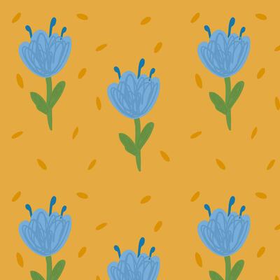 Blue flowers isolated on yellow background. Hand drawn tulip floral seamless pattern vector illustration.