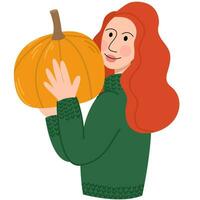 Woman holding pumpkin. Thanksgiving design. Autumn pumpkin.Halloween Night Celebration Party. vector