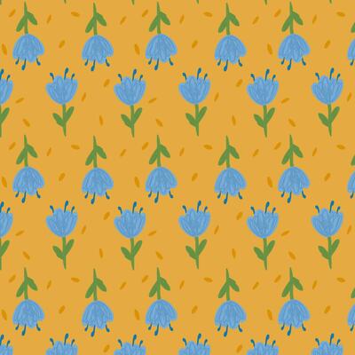 Blue flowers isolated on yellow background. Hand drawn tulip floral seamless pattern vector illustration.