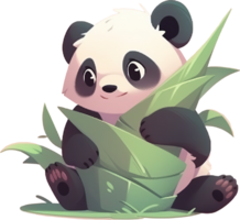 un' carino cartone animato panda seduta su un' verde foglia ai generato png