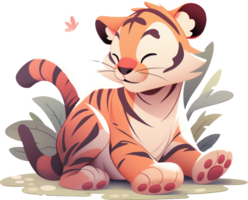 a cute tiger sitting on the ground with leaves AI generated png