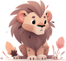 Cute cartoon lion sitting on the ground and looking at the camera AI generated png
