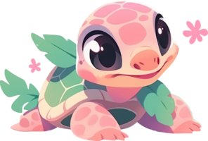 A turtle with a pink turtle on its head sits on a checkered surface with AI generated png