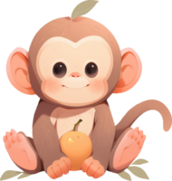 A monkey with an egg in his hands sits on a branch with an apple on it with AI generated png