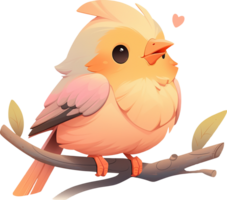 A yellow duck sits on a branch with a pink beak on it with png