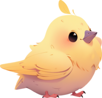 A yellow bird with a pink beak stands on a white background with AI generated png