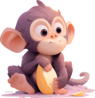 A monkey with a banana on its back sits on a white background with AI generated png