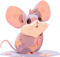A mouse with a pink flowered mouse on its back sits on a white surface with AI generated png