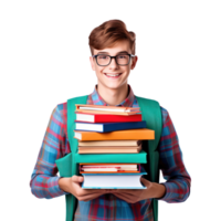 contento estudiante chico con libros aislado png