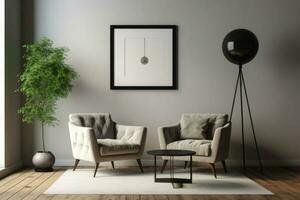 Stylish living room interior with sofa, coffee table, plants, pictures on wall. Generative AI photo