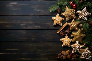Navidad pan de jengibre decoraciones en de madera fondo, parte superior vista. ai generado foto