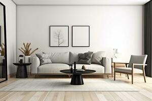 Modern minimalist interior with a sofa, a rug, a plant and a frame. Generative AI photo