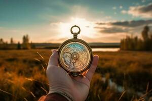 Beautiful landscape with old compass on traveler's hand. The concept of navigating the search for your own path. AI generated photo