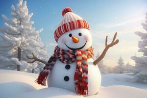 Happy decorated snowman in hat and scarf in winter snowy seasonal holiday. AI generated photo