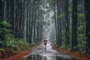 Man runner in sports jacket run forest trail in the rain, back view. Generative AI photo