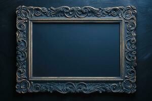 Old antique frame on the dark blue wall. AI generated photo