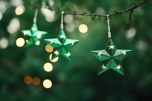 Christmas star lights on blurred green background. Led string light decoration. AI generated photo