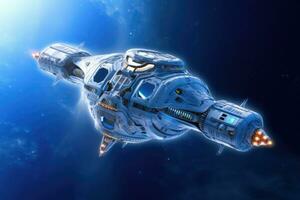 A futuristic intergalactic spaceship on the background of a blue planet. Generative AI photo