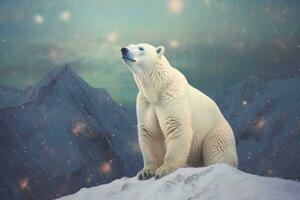 A white bear stands on a snowy mountain top. Animal portrait. Generative AI photo